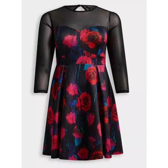 Torrid Black Floral Scuba Dress Size 3X Plus Lace Up Stretch Bodice Multicolor - Picture 1 of 10